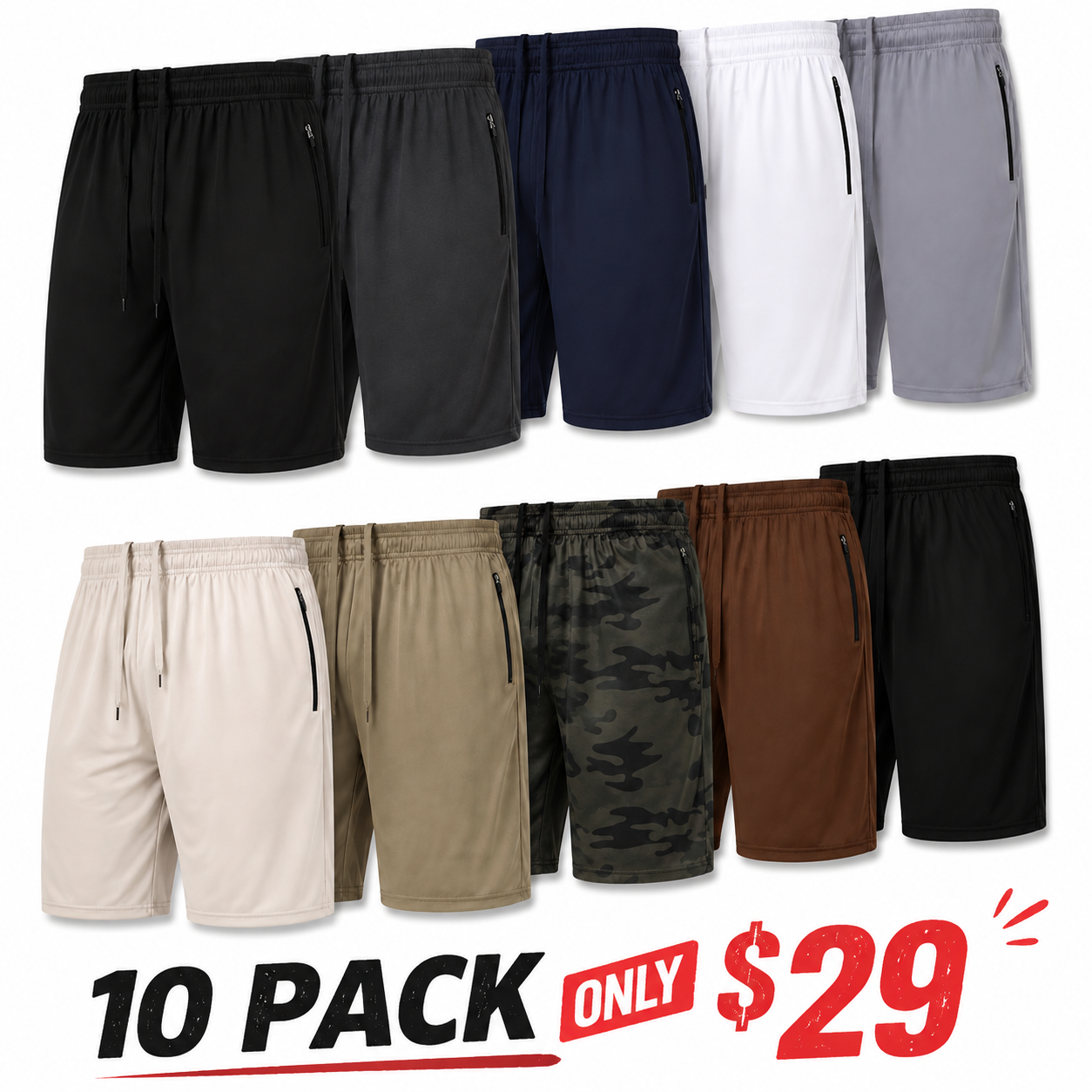 10-Pack Athletic Shorts – Lightweight, Quick-Drying, Breathable, with Zippered Pockets