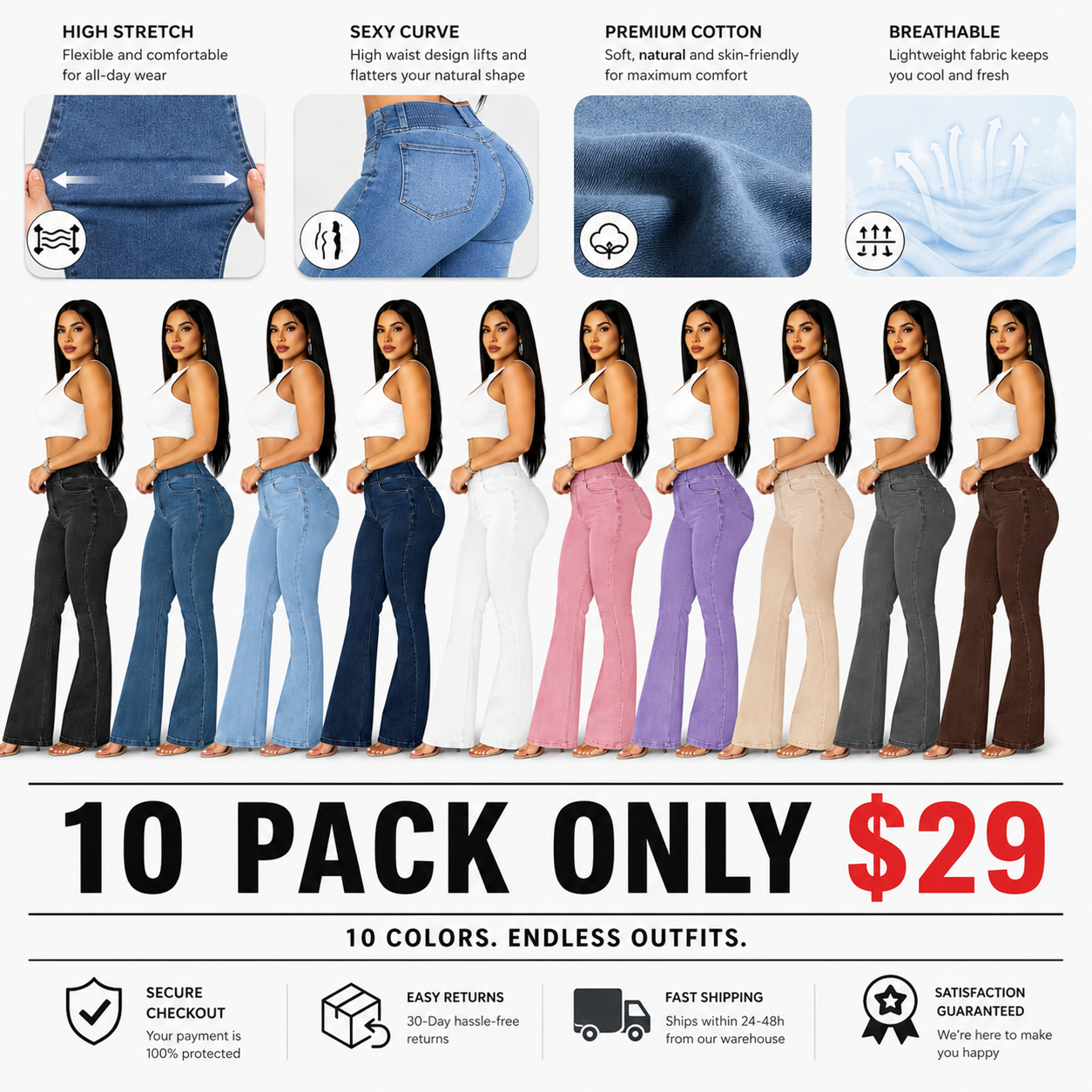 2026 Women's Back Shirred Button Front Jeans High Waist Pants with Pockets/High Waist Button Front Shirred Jeans