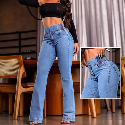 2026 Women's Back Shirred Button Front Jeans High Waist Pants with Pockets/High Waist Button Front Shirred Jeans