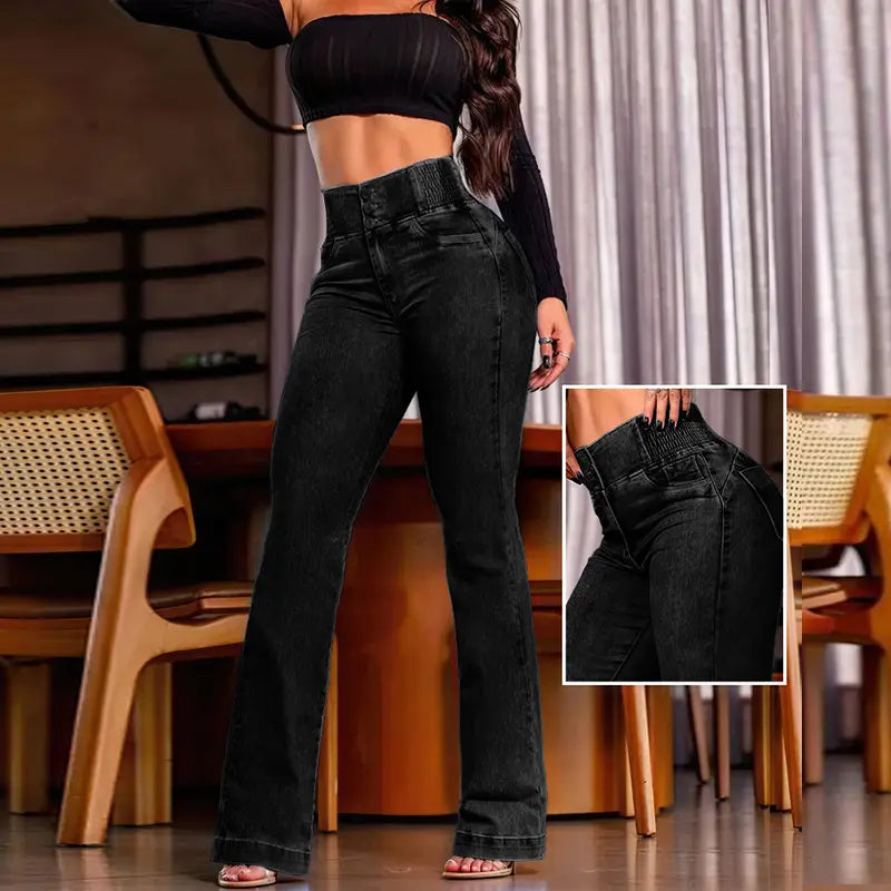 2026 Women's Back Shirred Button Front Jeans High Waist Pants with Pockets/High Waist Button Front Shirred Jeans