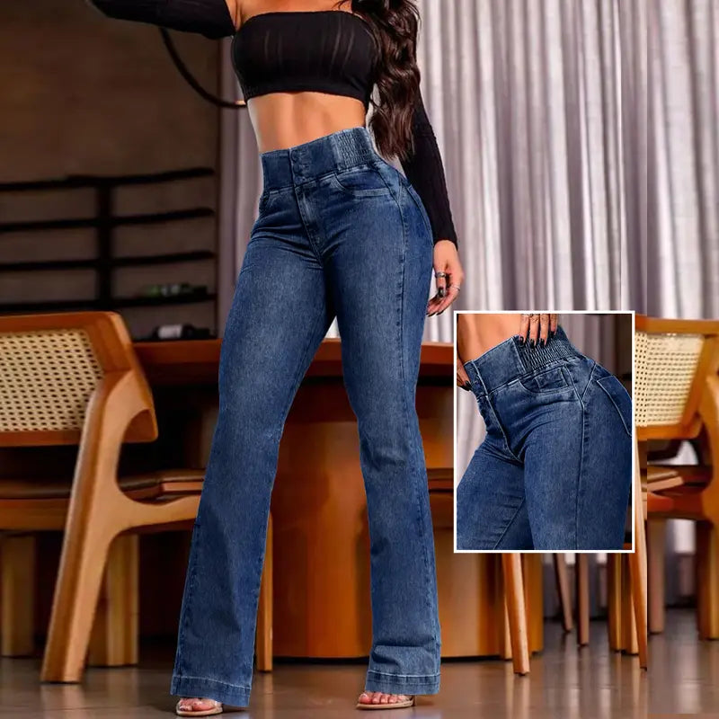 2026 Women's Back Shirred Button Front Jeans High Waist Pants with Pockets/High Waist Button Front Shirred Jeans