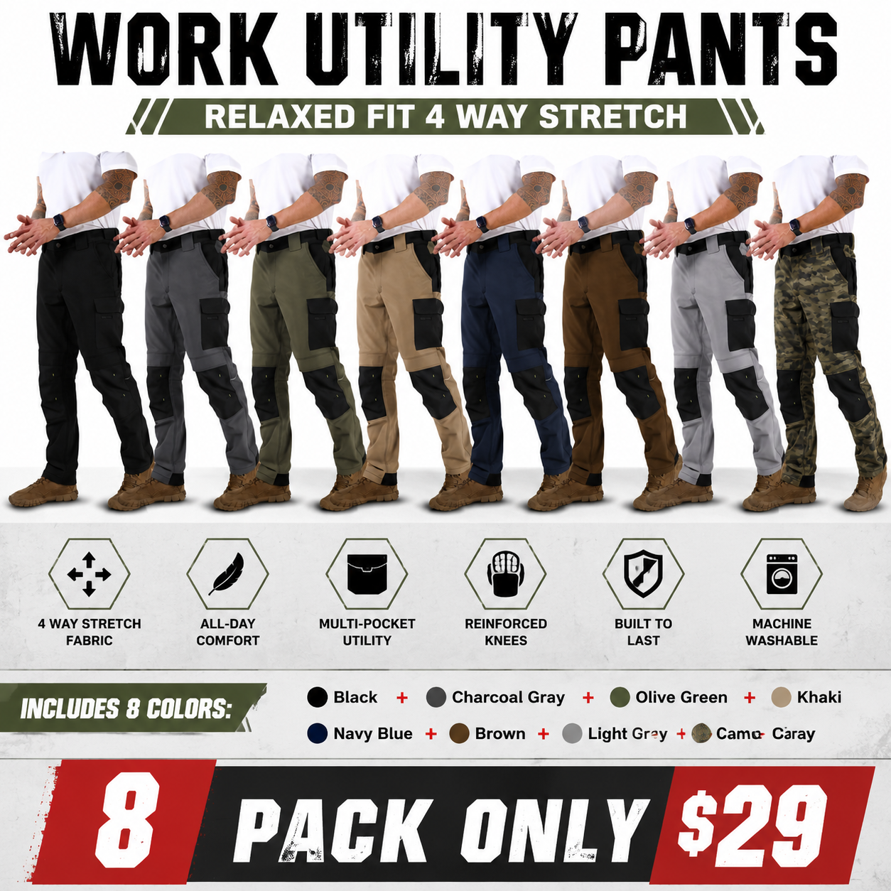 8 PACK-Work Utility Pants, Relaxed Fit 4 Way Stretch